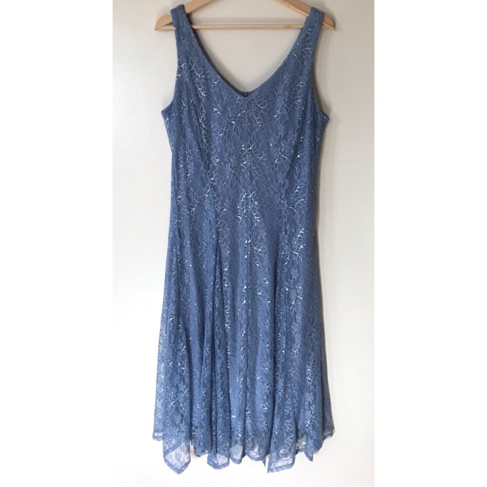 J. Taylor • 16 • V Neck Sleeveless Blue Metallic Silver Tank Midi Dress